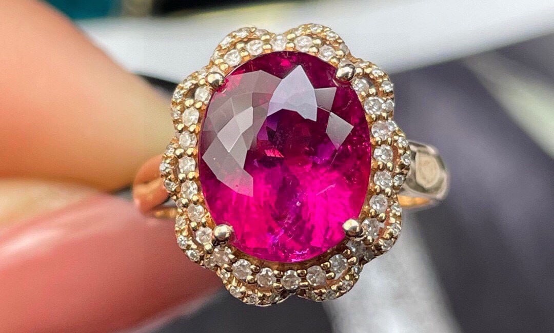 14k Gold 5.78 Ct Natural Tourmaline & Diamond Ring - 2