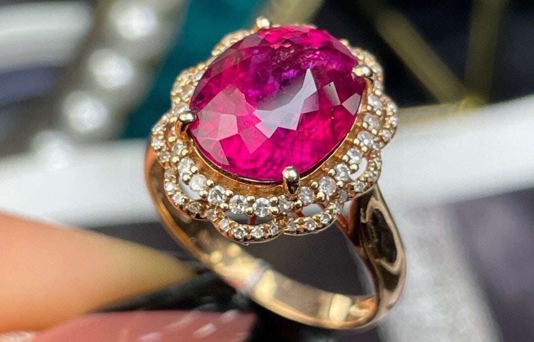 14k Gold 5.78 Ct Natural Tourmaline & Diamond Ring - 4