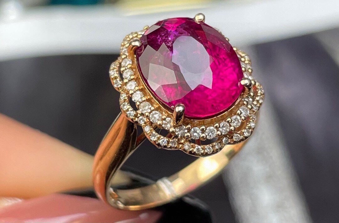 14k Gold 5.78 Ct Natural Tourmaline & Diamond Ring - 6