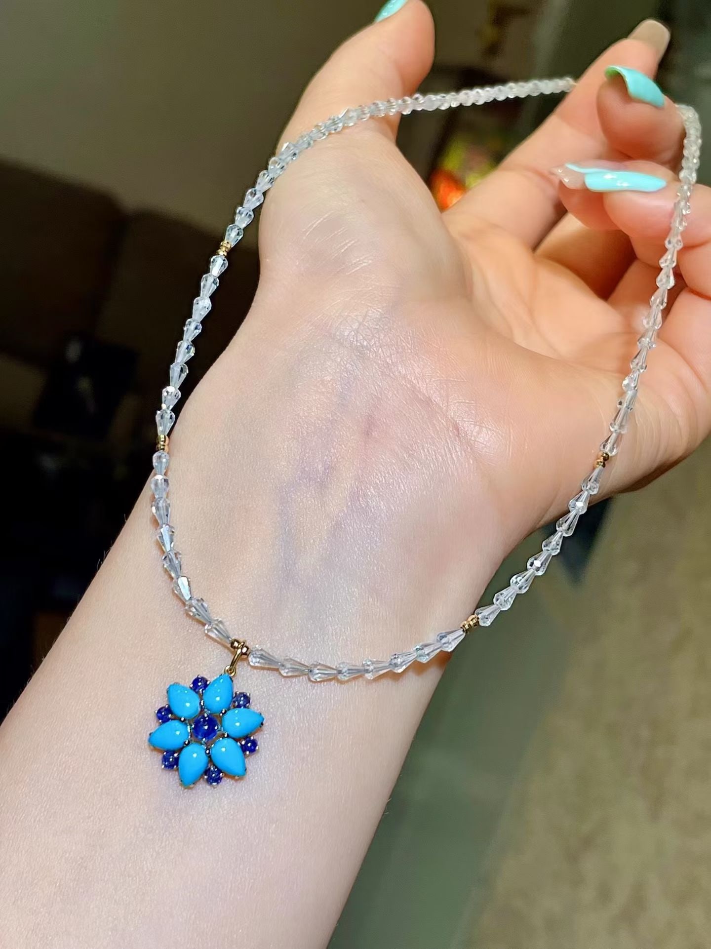 14k Gold 3.15 Ctw Natural Blue Turquoise & Sapphire Necklace: Ref:231172314 // gold content:14k gold // main gemstone:blue turquoise // shape:pear // carat weight:2. 37ct // color:blue // treatment:natural // // adjacent gemstone 2 : sapphire // shape:round //