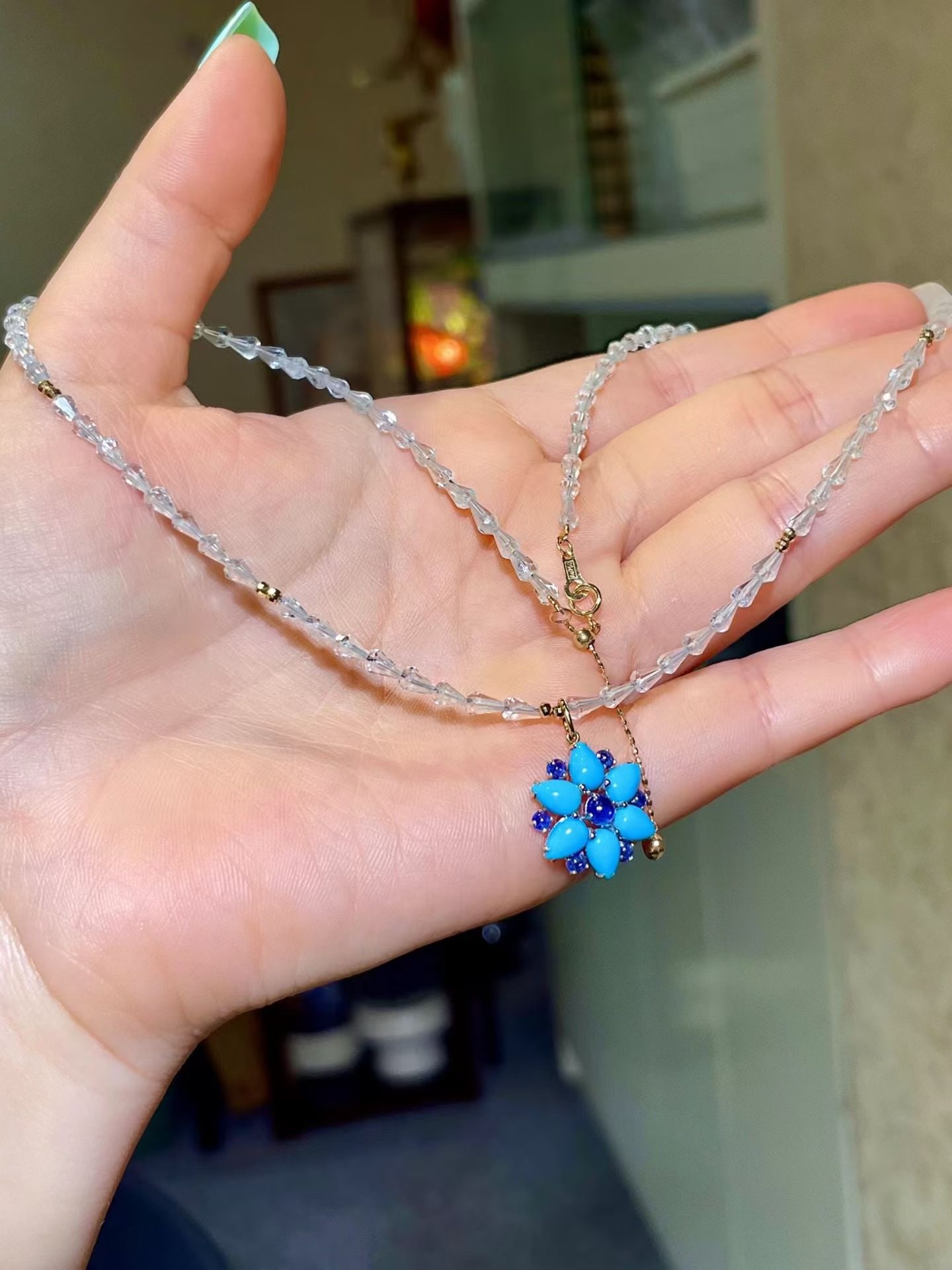 14k Gold 3.15 Ctw Natural Blue Turquoise & Sapphire Necklace - 2