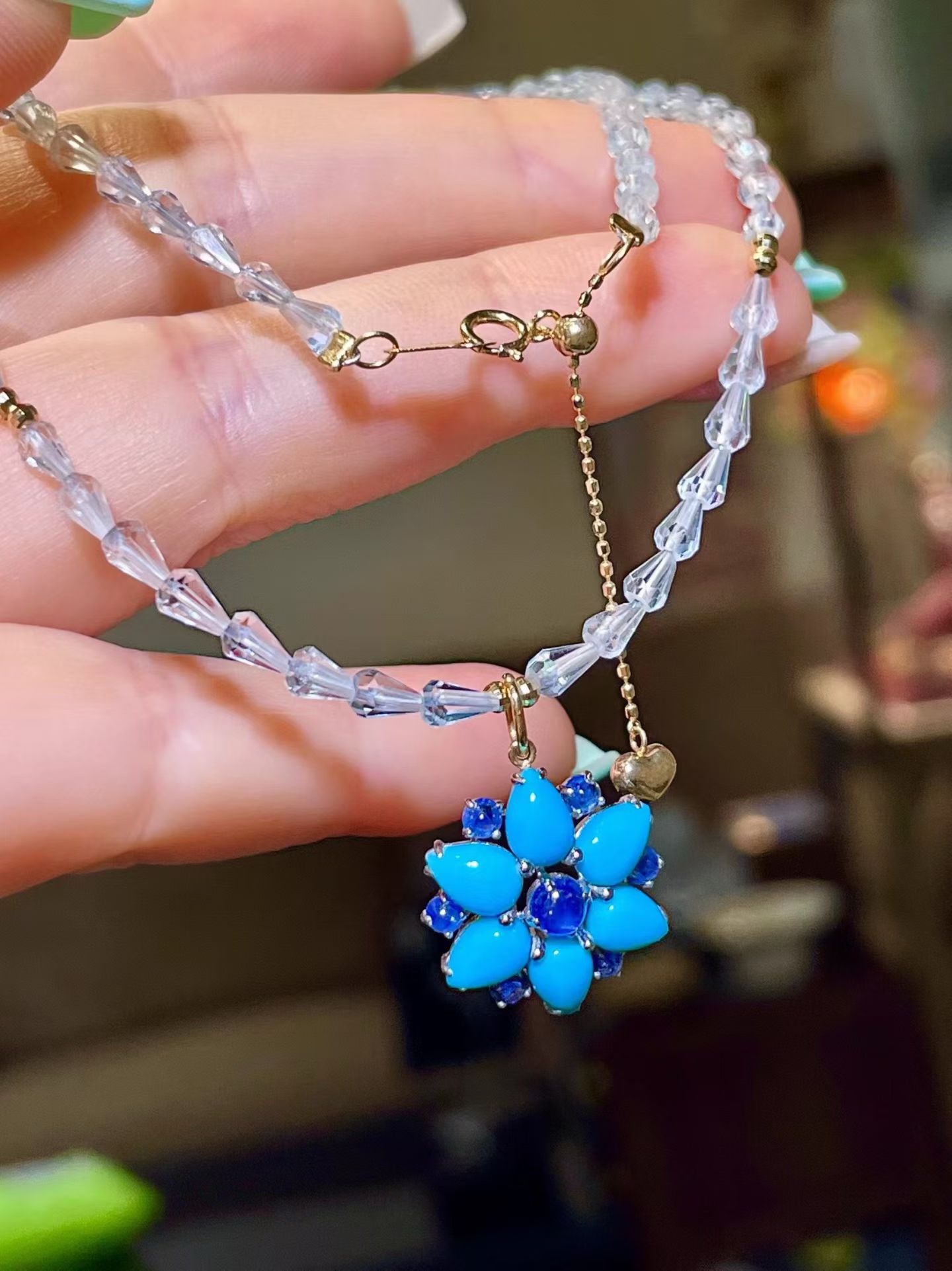 14k Gold 3.15 Ctw Natural Blue Turquoise & Sapphire Necklace - 3