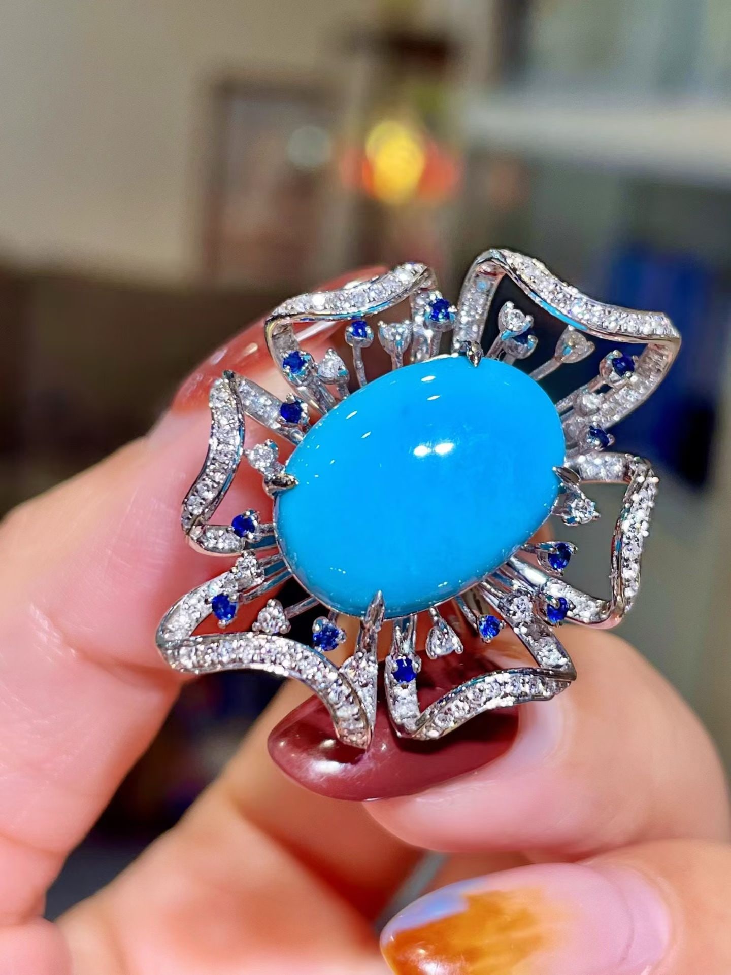 14k Gold 10.26 Ctw Natural Blue Turquoise & Diamond Ring - 2