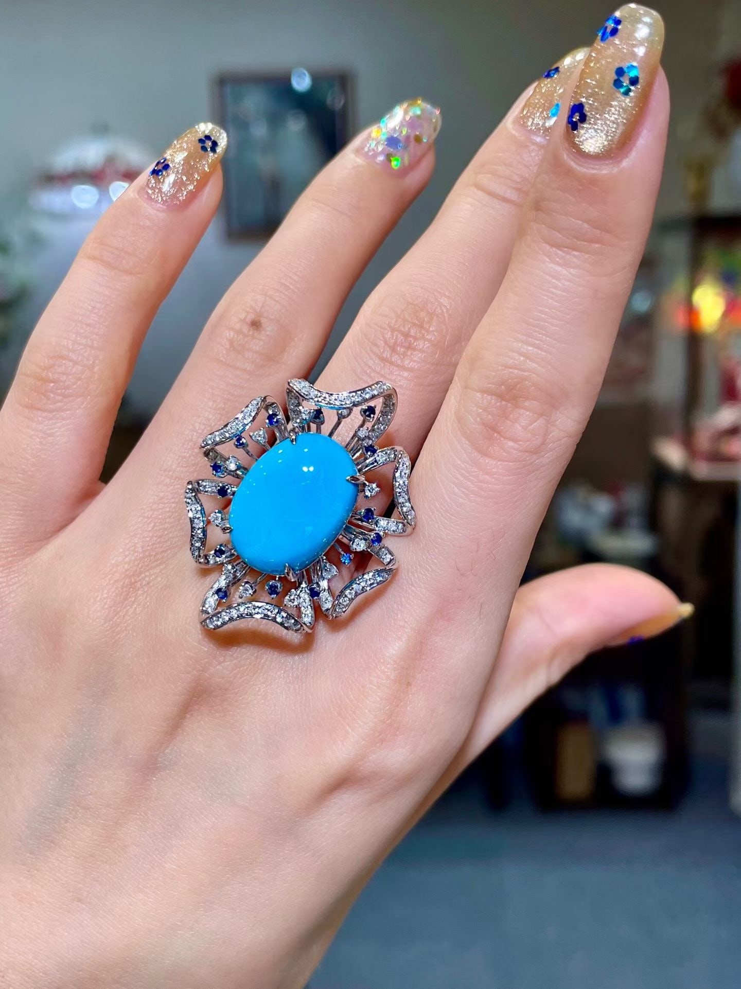 14k Gold 10.26 Ctw Natural Blue Turquoise & Diamond Ring - 4