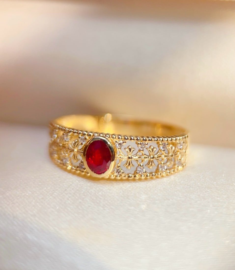 14k Gold 0.27 Ct Vivid Red Natural Ruby & Diamond Ring - 4