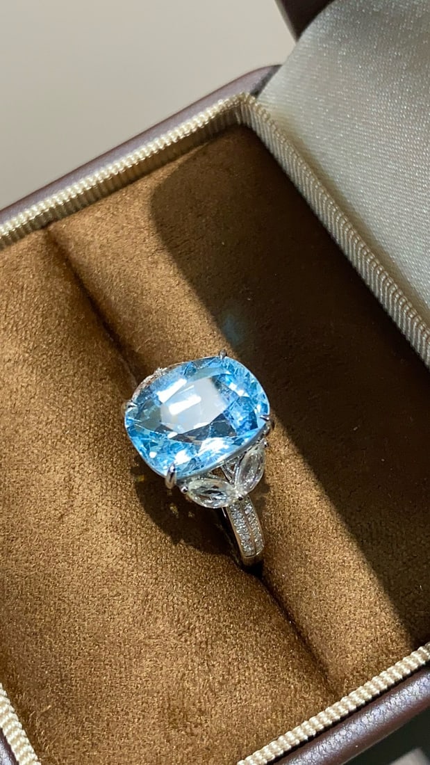 14k Gold 5.38 Ct Natural Aquamarine & Diamond & Sapphire Ring - 5