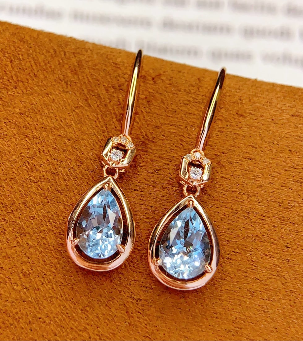 14k Gold 1.8 Ct Natural Aquamarine & Diamond Earrings - 2