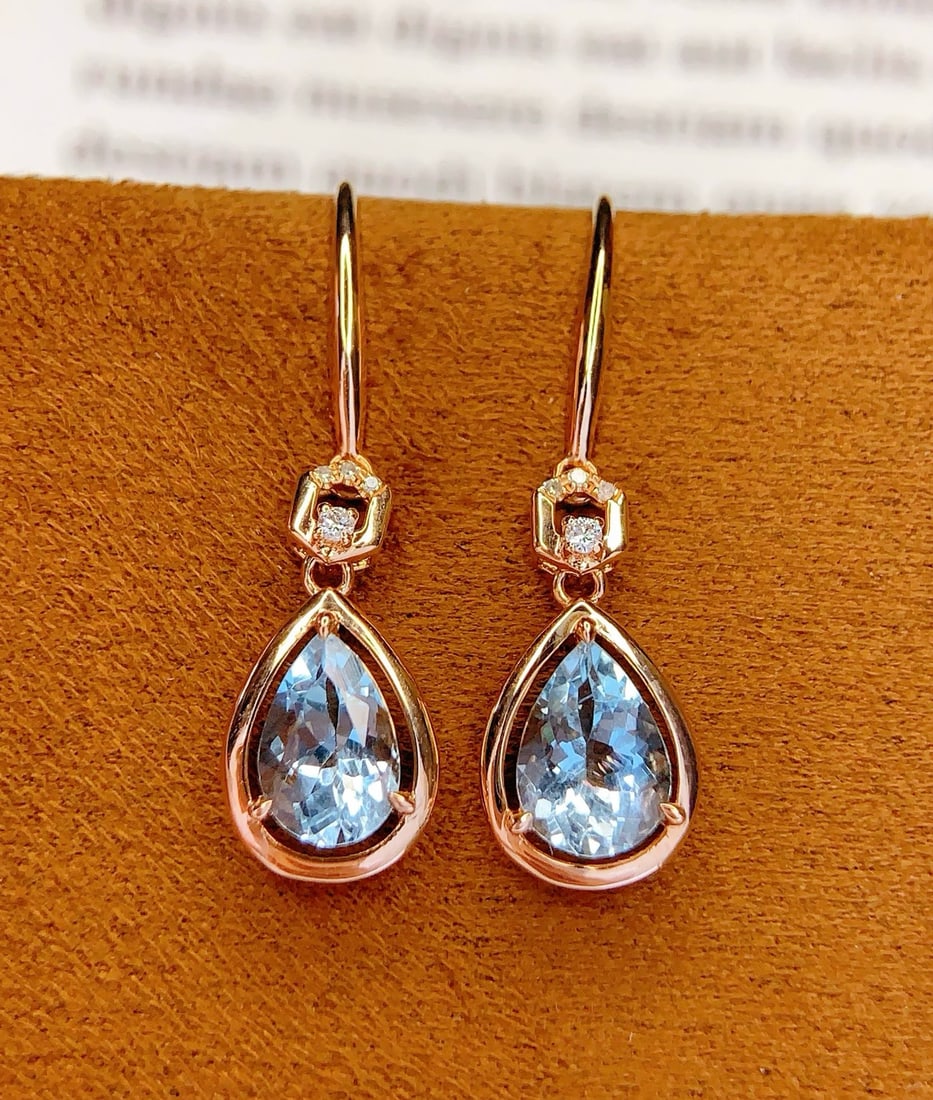 14k Gold 1.8 Ct Natural Aquamarine & Diamond Earrings - 3