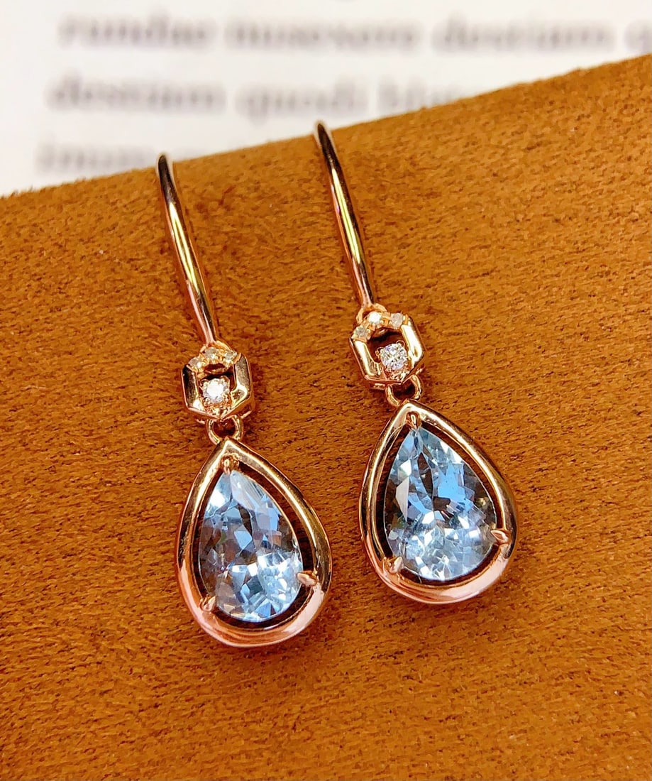 14k Gold 1.8 Ct Natural Aquamarine & Diamond Earrings - 4