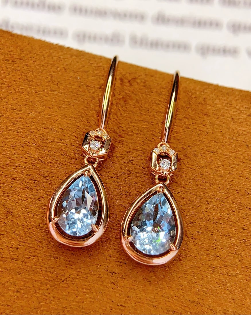 14k Gold 1.8 Ct Natural Aquamarine & Diamond Earrings - 5