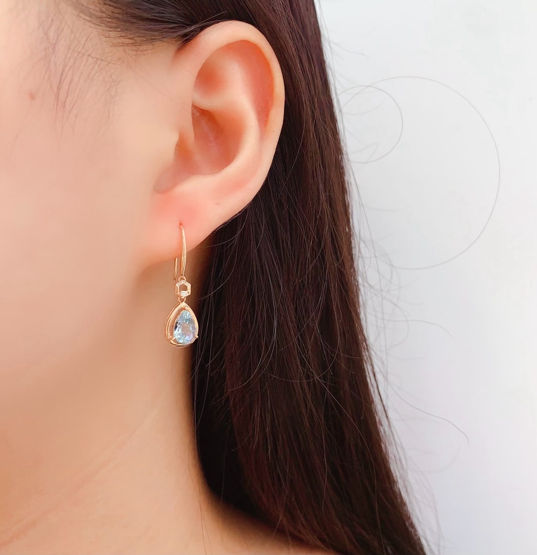 14k Gold 1.8 Ct Natural Aquamarine & Diamond Earrings - 6