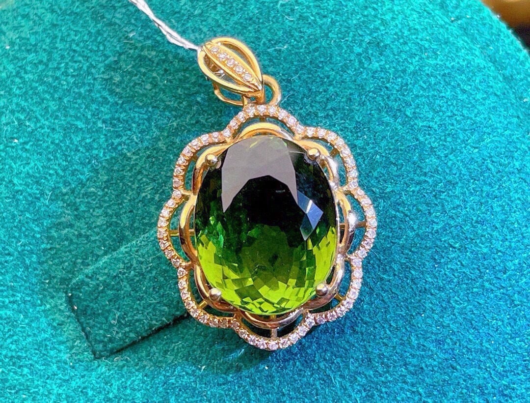 14k Gold 8.53 Ct Natural Tourmaline & Diamond Pendant( Without Chain ) - 3