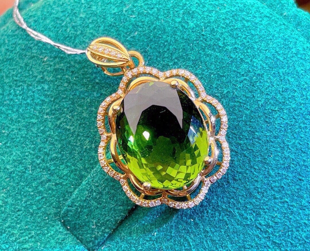 14k Gold 8.53 Ct Natural Tourmaline & Diamond Pendant( Without Chain ) - 4