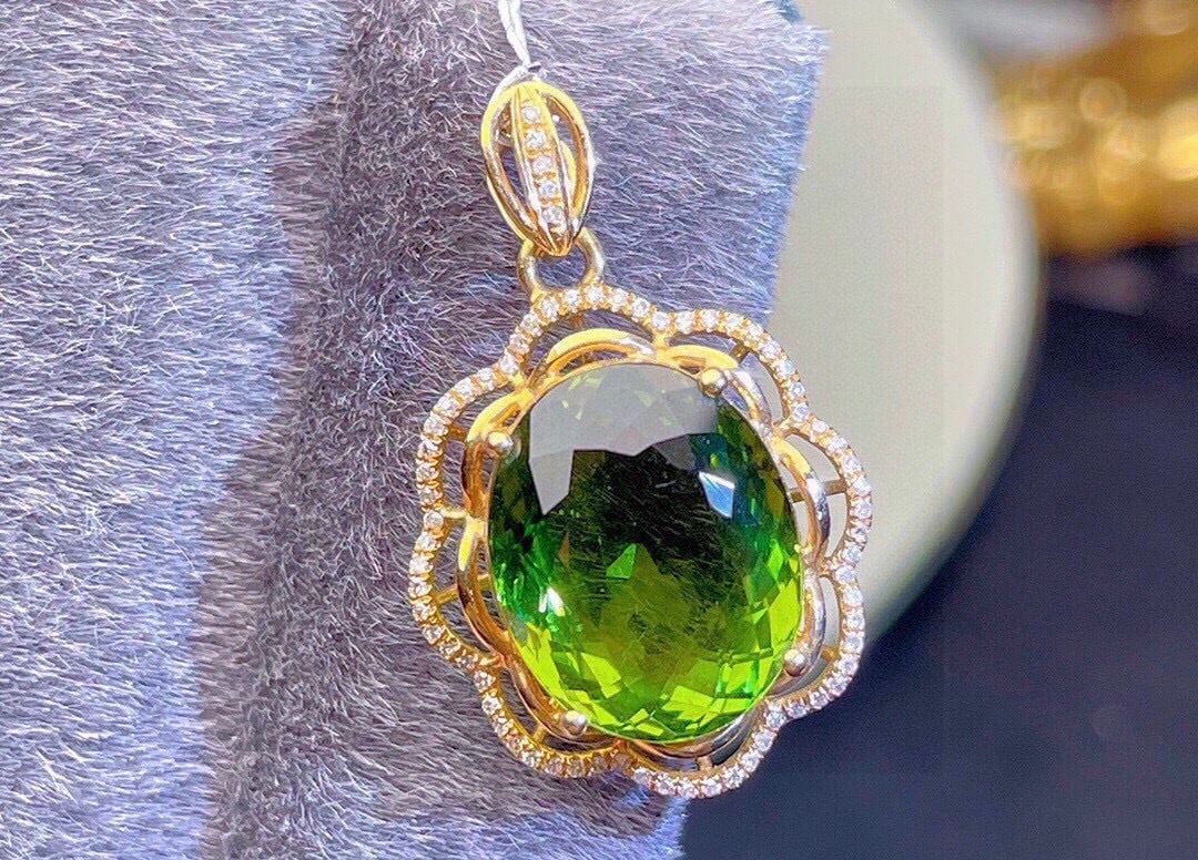 14k Gold 8.53 Ct Natural Tourmaline & Diamond Pendant( Without Chain ) - 6