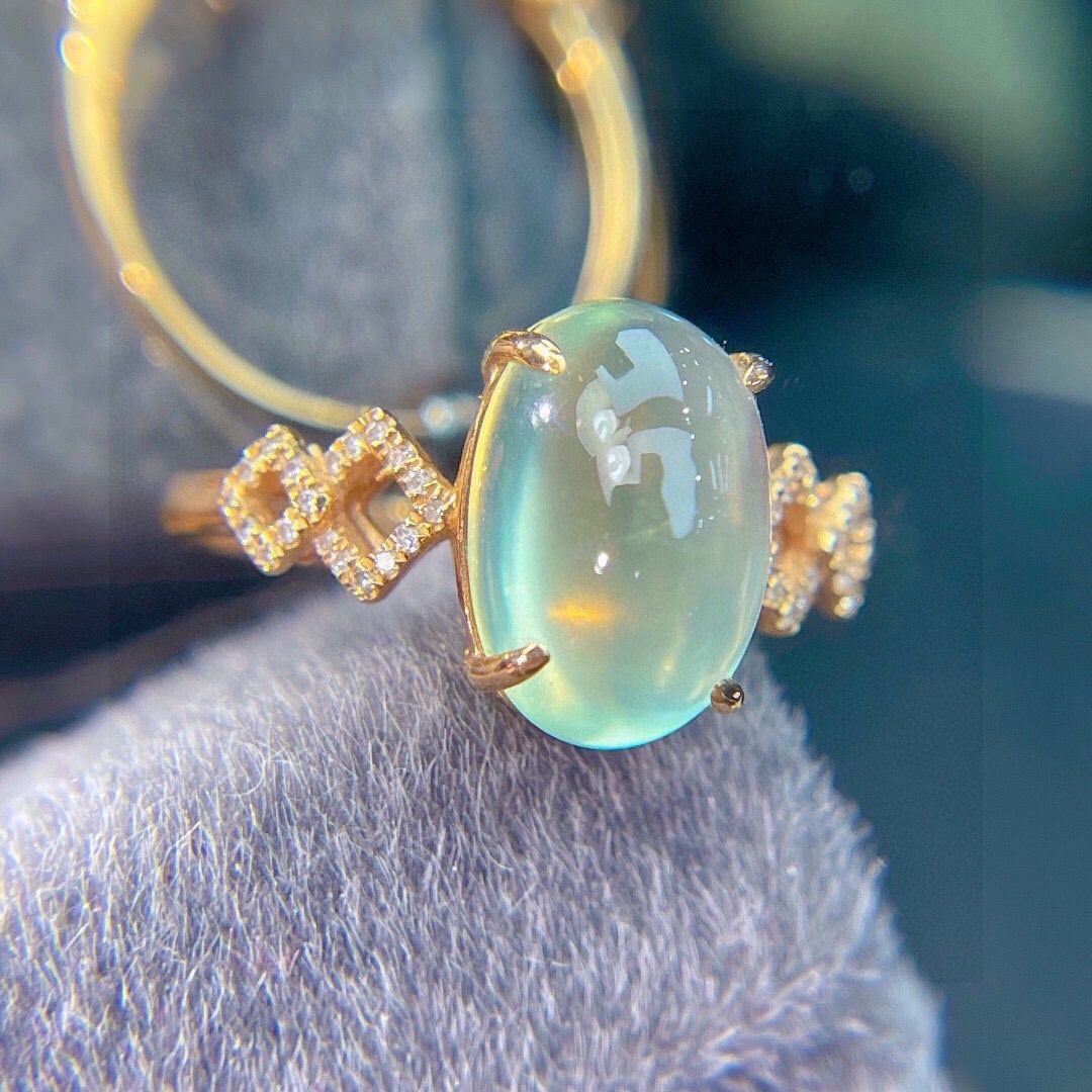 14k Gold 5.4 Ct Natural Prehnite & Diamond Ring - 5