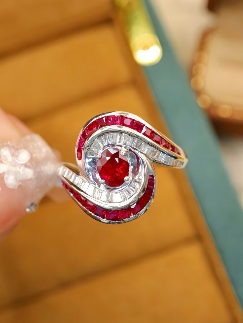 14k Gold 0.77 Ctw Natural Ruby & Diamond Ring: Ref:231172343 // gold content:14k gold // ring size:7. 25us // // main gemstone:ruby // shape:oval // carat weight:0. 53ct // color:pigeonblood red // treatment:natural // // adjacent gemstone 2 :
