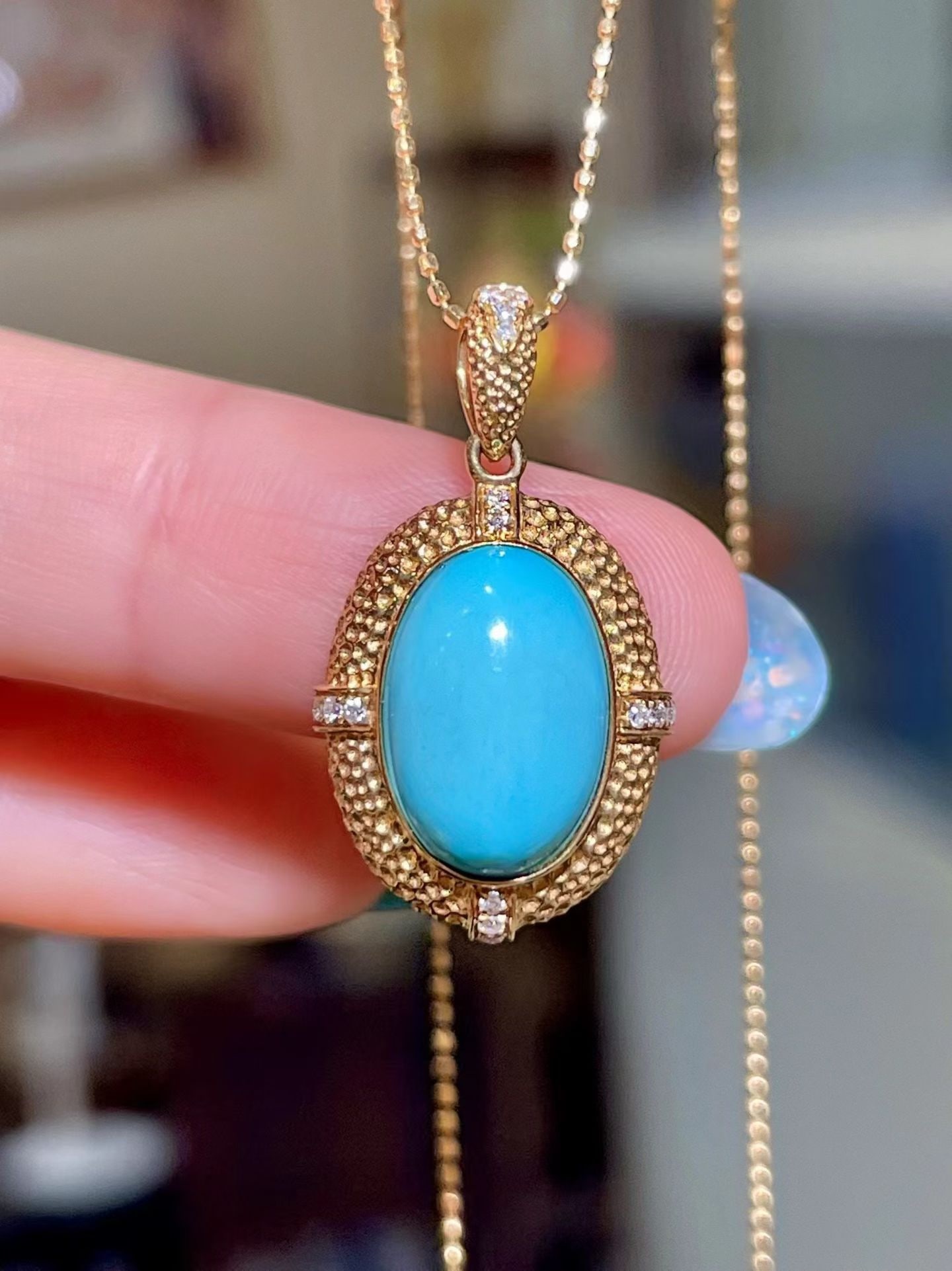 14k Gold 3.71 Ctw Natural Blue Turquoise & Diamond Pendant( Without Chain ): Ref:231172346 // gold content:14k gold // main gemstone:blue turquoise // shape:oval // carat weight:3. 63ct // color:blue // treatment:natural // // adjacent gemstone 2 : diamond // shape:round //