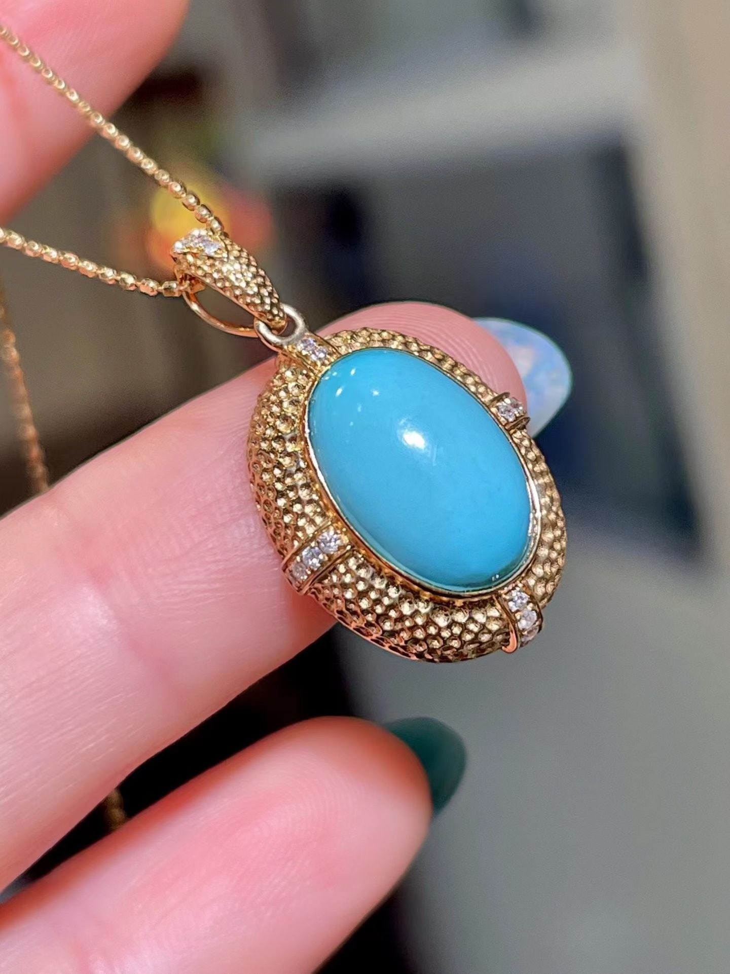 14k Gold 3.71 Ctw Natural Blue Turquoise & Diamond Pendant( Without Chain ) - 2