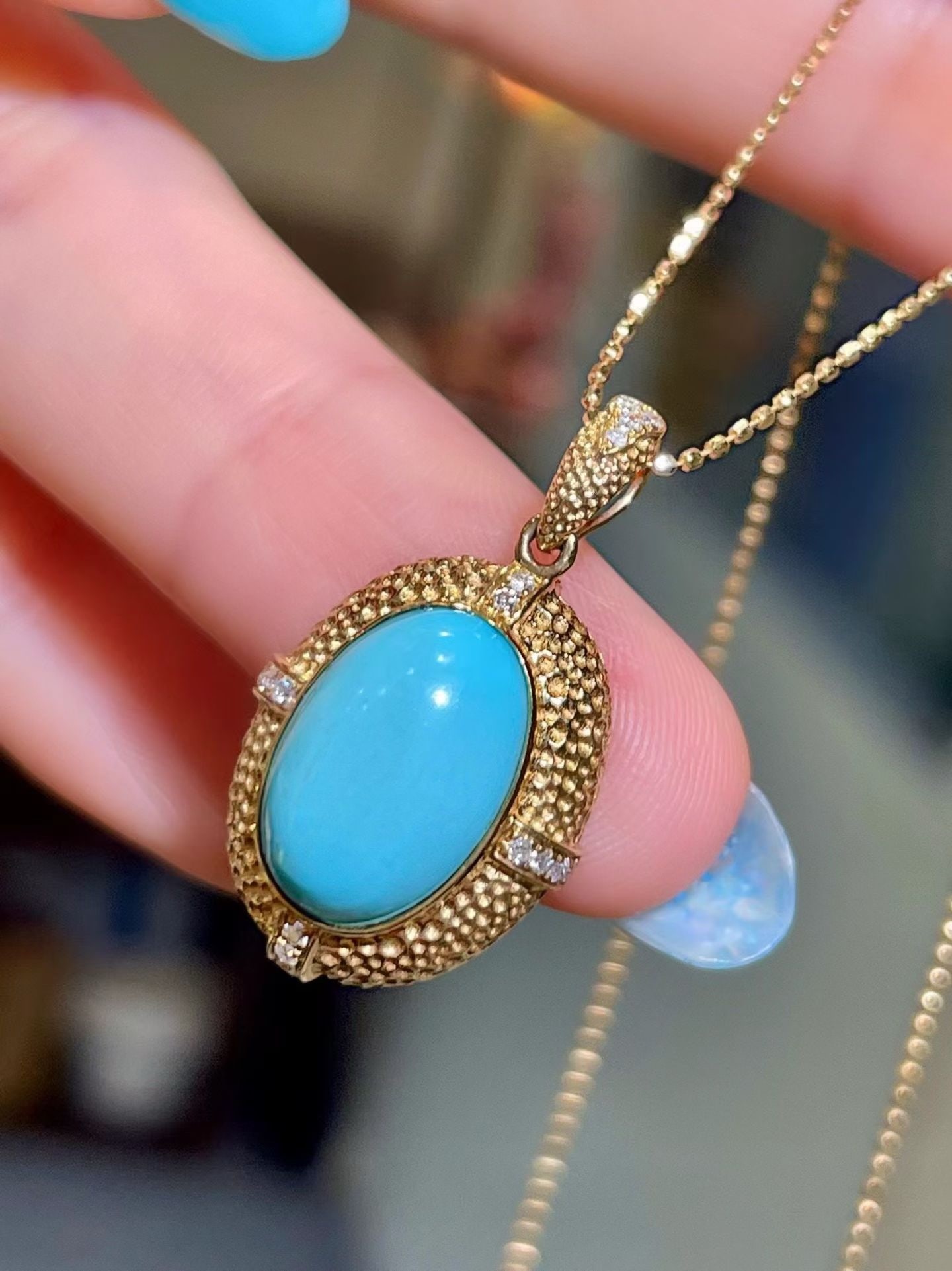 14k Gold 3.71 Ctw Natural Blue Turquoise & Diamond Pendant( Without Chain ) - 3