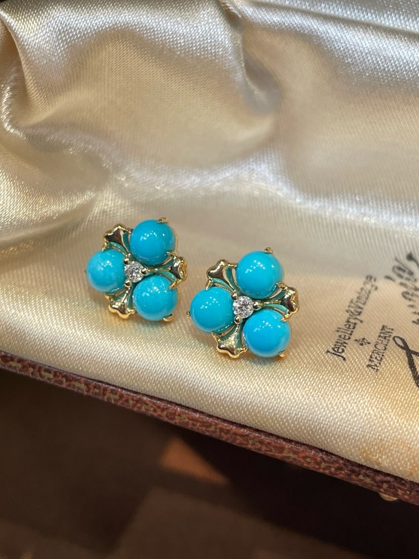 14k Gold 4 Ct Natural Blue Turquoise & Diamond Earrings - 2