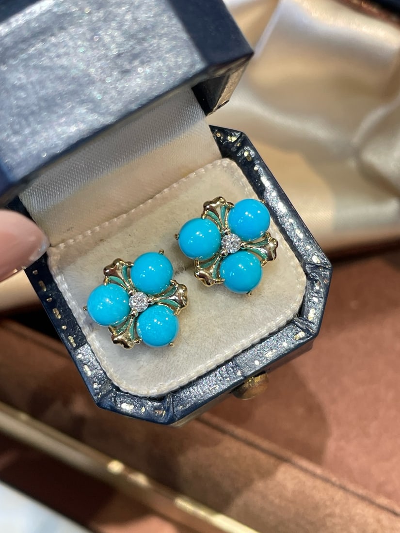 14k Gold 4 Ct Natural Blue Turquoise & Diamond Earrings - 3