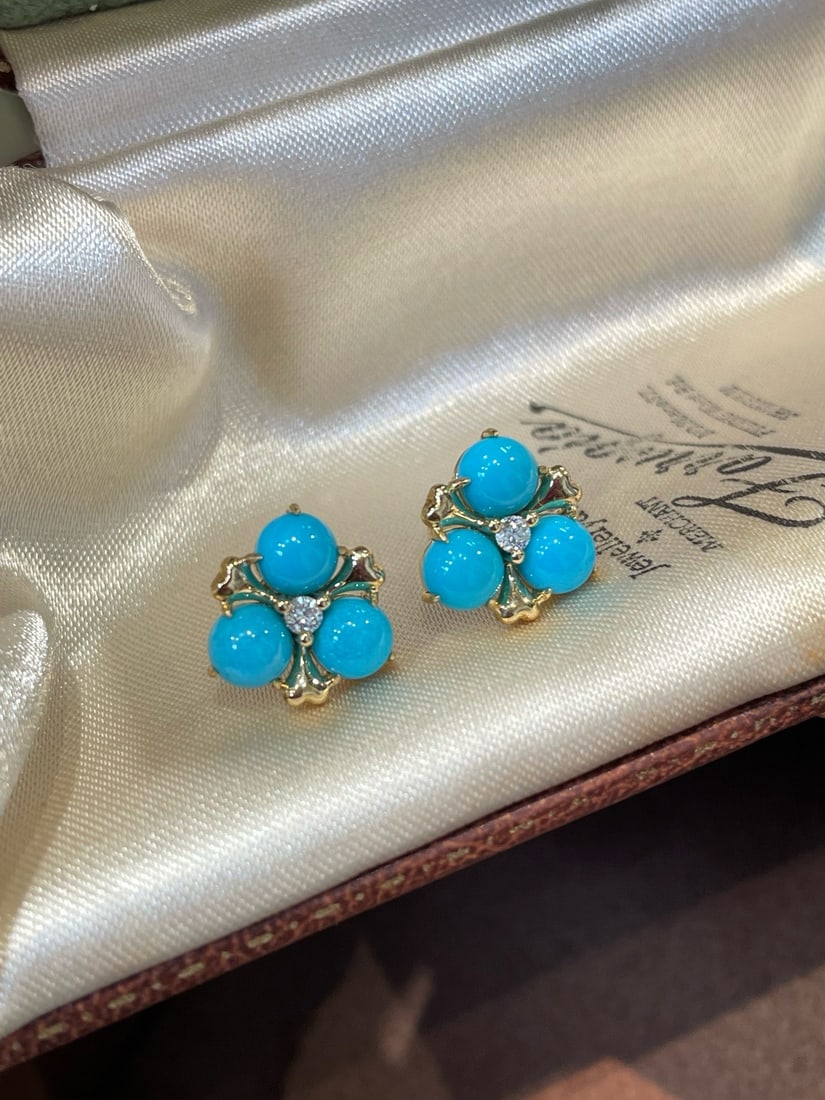 14k Gold 4 Ct Natural Blue Turquoise & Diamond Earrings - 4