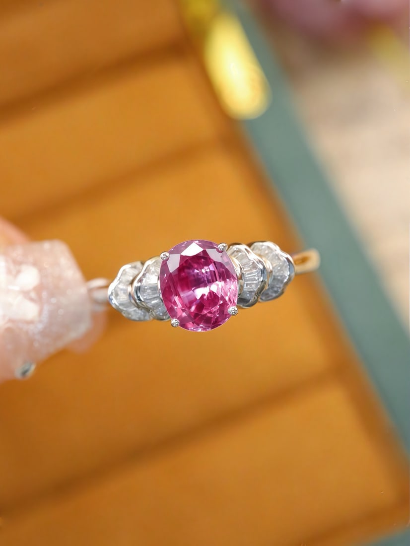 14k Gold 1.47 Ctw Natural Padparadscha Sapphire & Diamond Ring: Ref:231172348 // gold content:14k gold // ring size:7. 25us // // main gemstone:padparadscha sapphire // shape:oval // carat weight:1. 3ct // color:orangish pink // treatment:natural // // adjacent