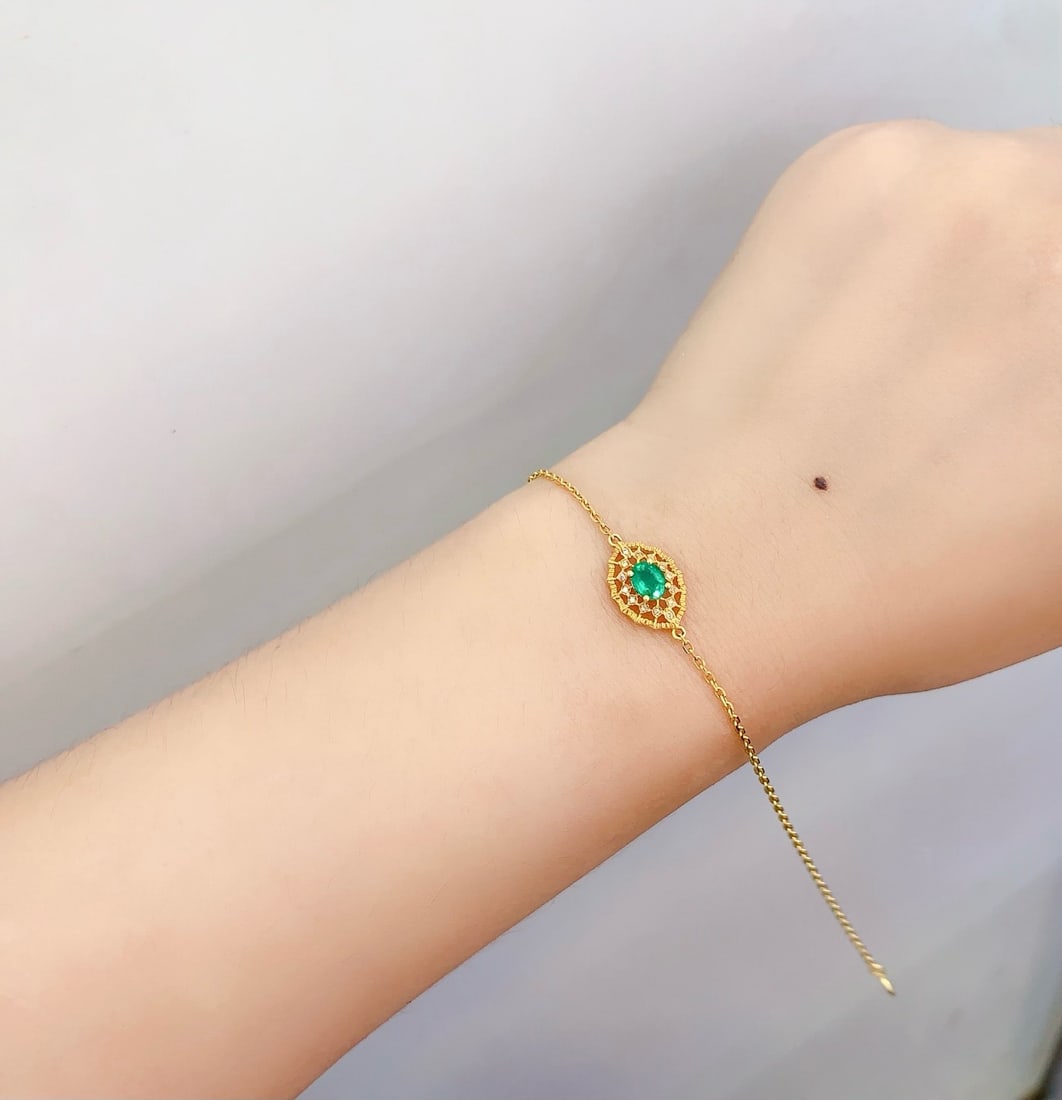 14k Gold 0.45 Ct Natural Emerald & Diamond Bracelet - 6
