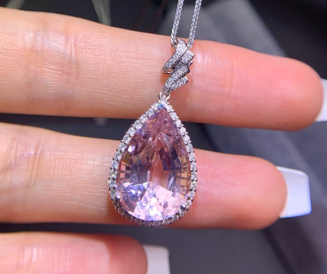14k Gold 8 Ct Natural Morganite & Diamond Pendant( Without Chain ): Ref:231172366 // gold content:14k gold // main gemstone:morganite // shape:pear // carat weight:8ct // color:pink // treatment:natural // // adjacent gemstone 2 : diamond // number of stones:50 //