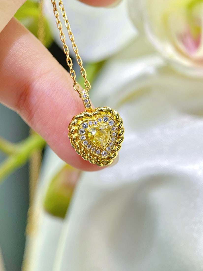 Gia Certified 14k Gold 0.62 Ctw Natural Yellow Diamond & Diamond Pendant( Without Chain ) - 2