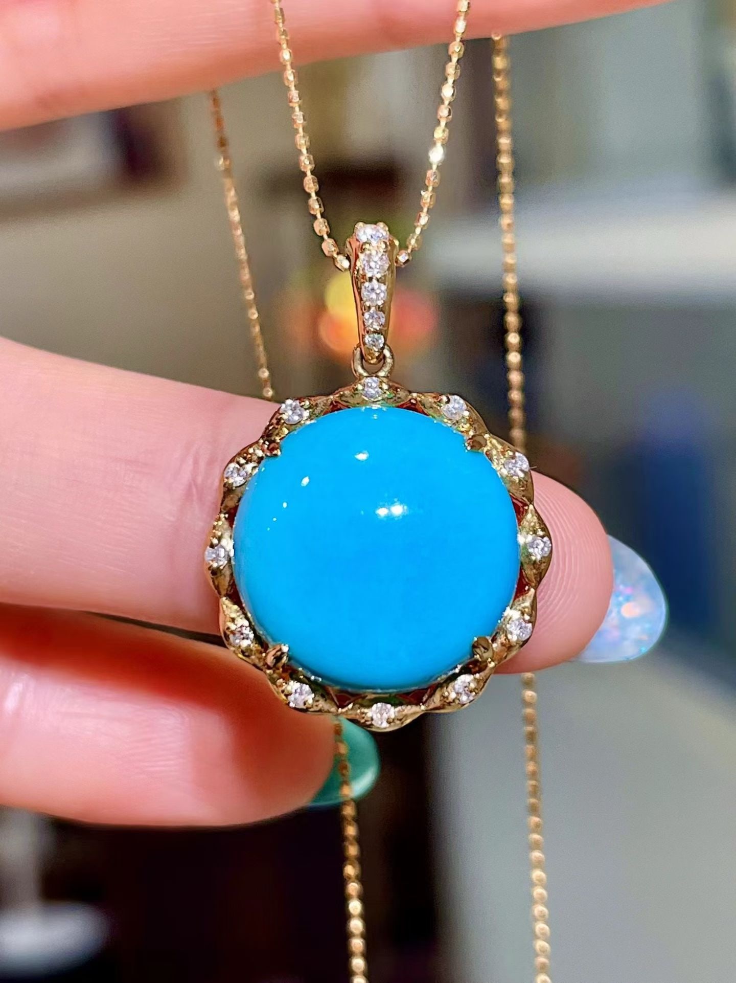 14k Gold 10.50 Ctw Natural Blue Turquoise & Diamond Pendant( Without Chain ): Ref:231172374 // gold content:14k gold // main gemstone:blue turquoise // shape:round // carat weight:10. 32ct // color:blue // treatment:natural // cut grade:g // // adjacent gemstone 2 : diamond // 