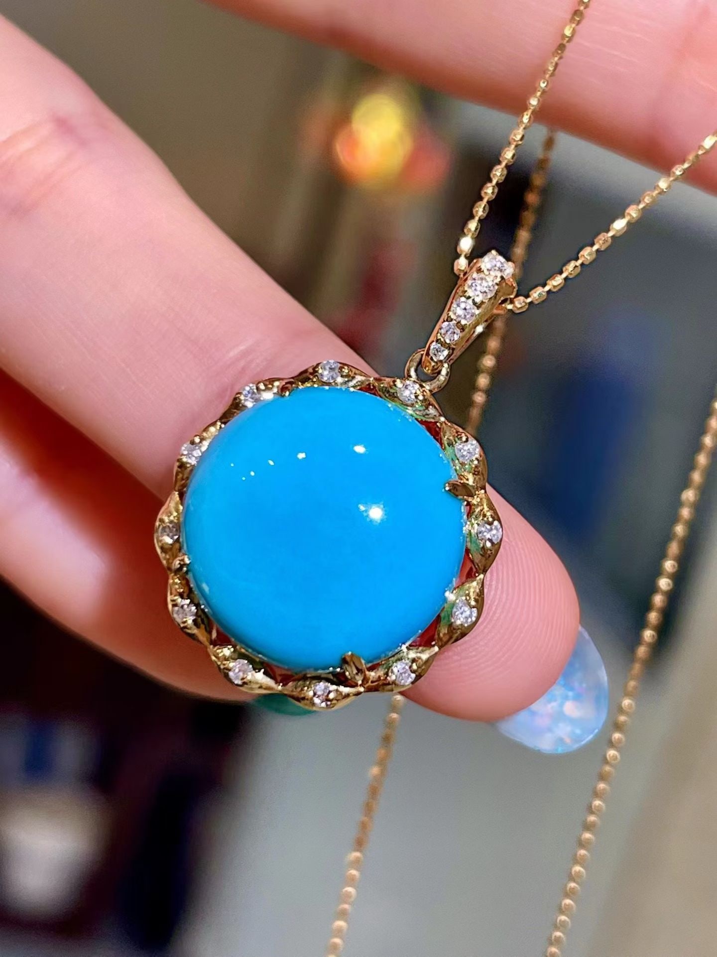 14k Gold 10.50 Ctw Natural Blue Turquoise & Diamond Pendant( Without Chain ) - 2