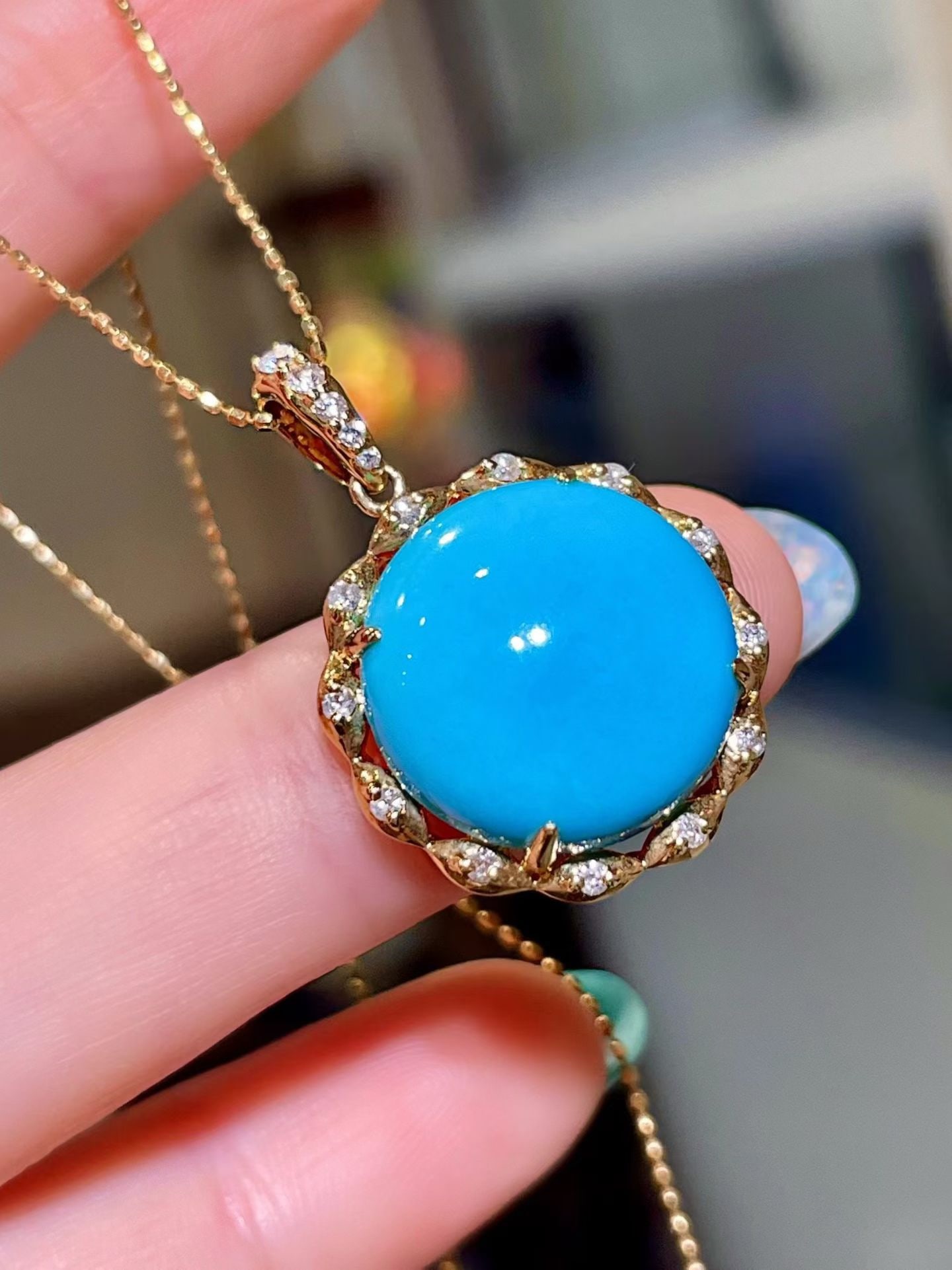 14k Gold 10.50 Ctw Natural Blue Turquoise & Diamond Pendant( Without Chain ) - 3