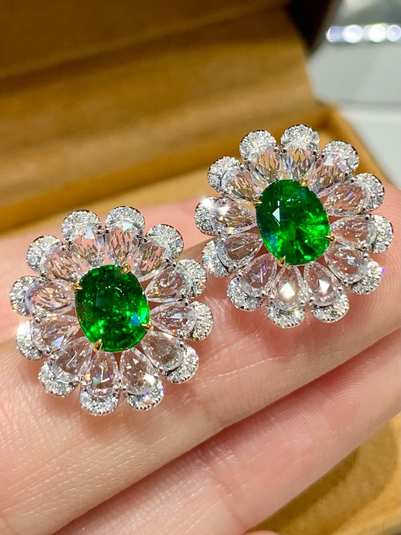 14k Gold 2.1 Ct Vivid Green Natural Tsavorite & Diamond & Sapphire Earrings: Ref:231172381 // gold content:14k gold // main gemstone:tsavorite // shape:oval // carat weight:2. 1ct // color:vivid green // treatment:natural // // adjacent gemstone 2 : diamond // shape:round // c