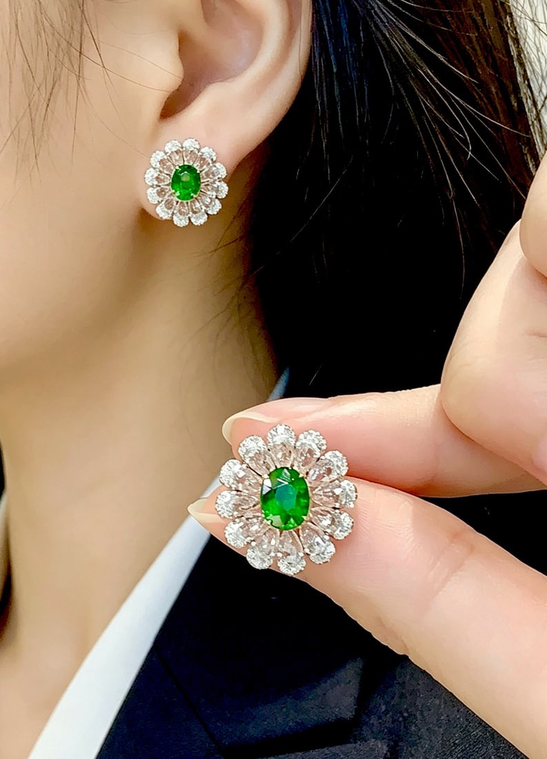 14k Gold 2.1 Ct Vivid Green Natural Tsavorite & Diamond & Sapphire Earrings - 3