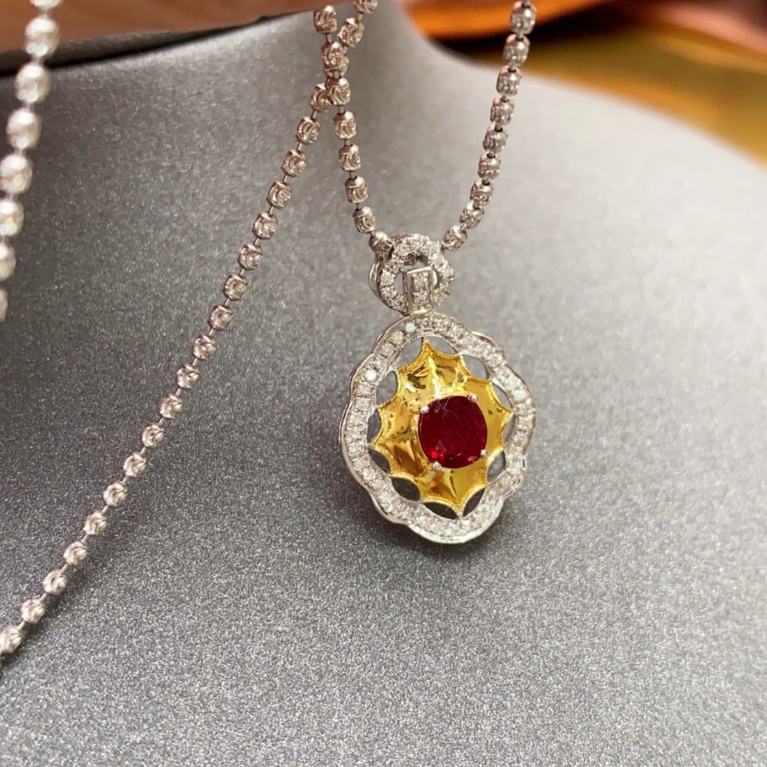 14k Gold 0.80 Ct Natural Ruby & Diamond Pendant( Without Chain ): Ref:231172383 // gold content:14k gold // main gemstone:ruby // shape:oval // carat weight:0. 80ct // color:red // treatment:natural // // adjacent gemstone 2 : diamond // number of stones:51 //