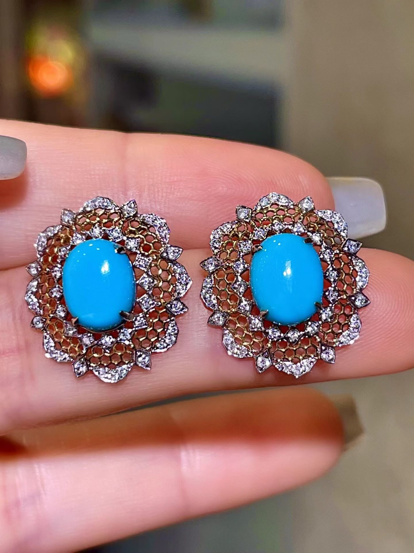 14k Gold 3.59 Ctw Natural Blue Turquoise & Diamond Earrings: Ref:231172396 // gold content:14k gold // main gemstone:blue turquoise // shape:oval // carat weight:3. 23ct // color:blue // treatment:natural // // adjacent gemstone 2 : diamond // shape:round //