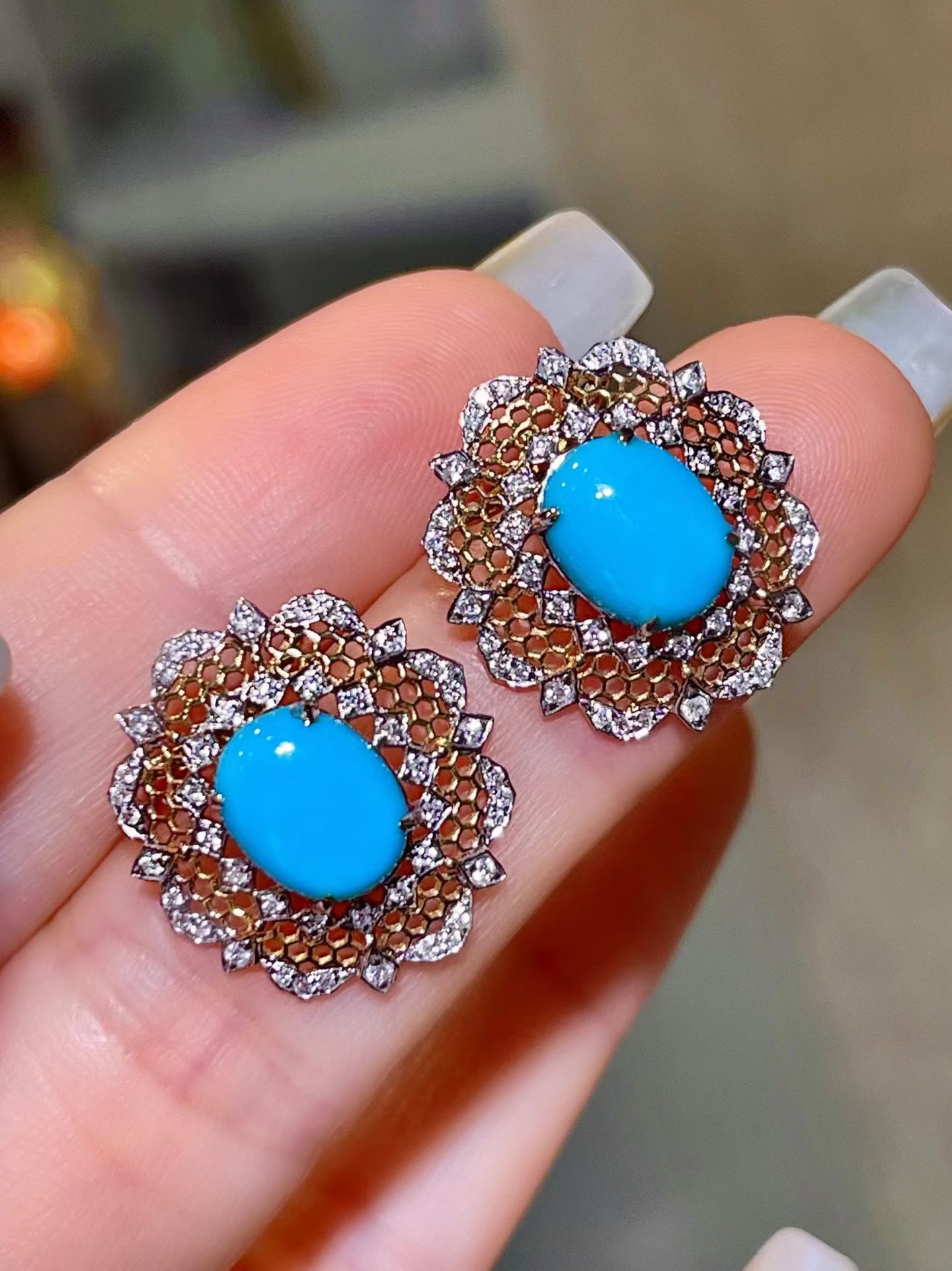 14k Gold 3.59 Ctw Natural Blue Turquoise & Diamond Earrings - 2