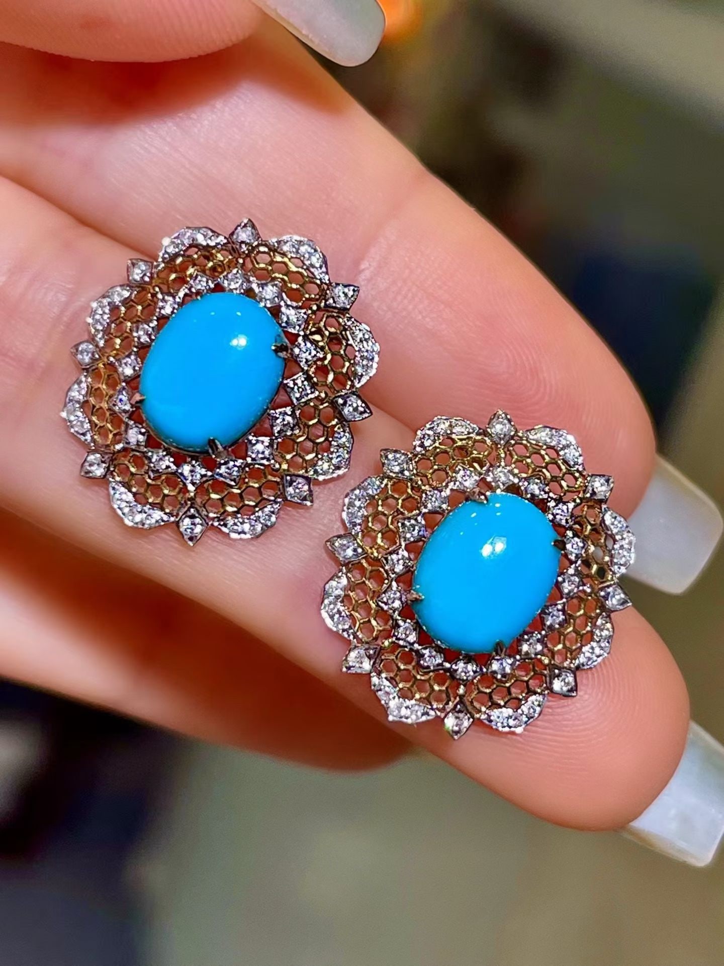 14k Gold 3.59 Ctw Natural Blue Turquoise & Diamond Earrings - 3