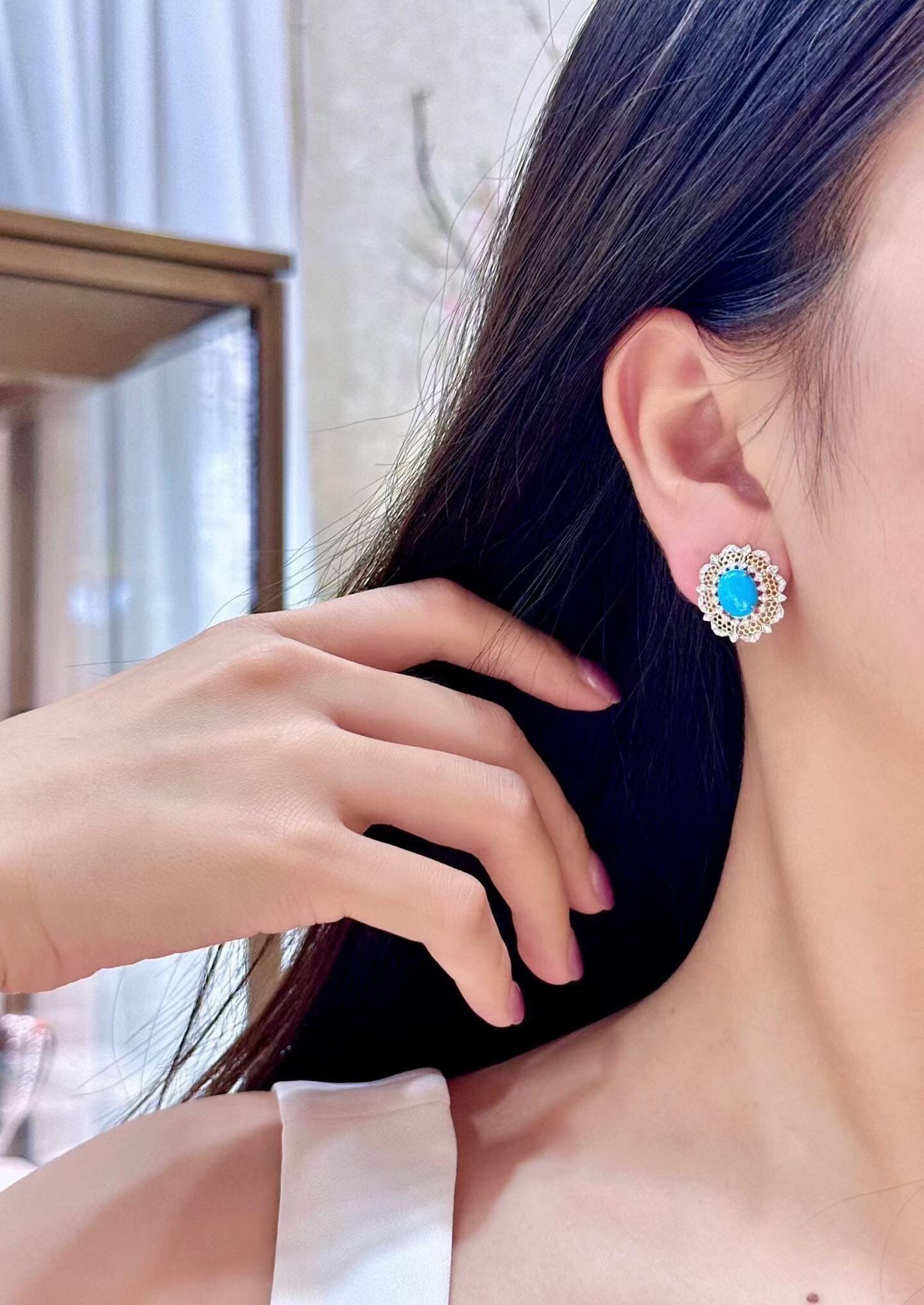 14k Gold 3.59 Ctw Natural Blue Turquoise & Diamond Earrings - 4