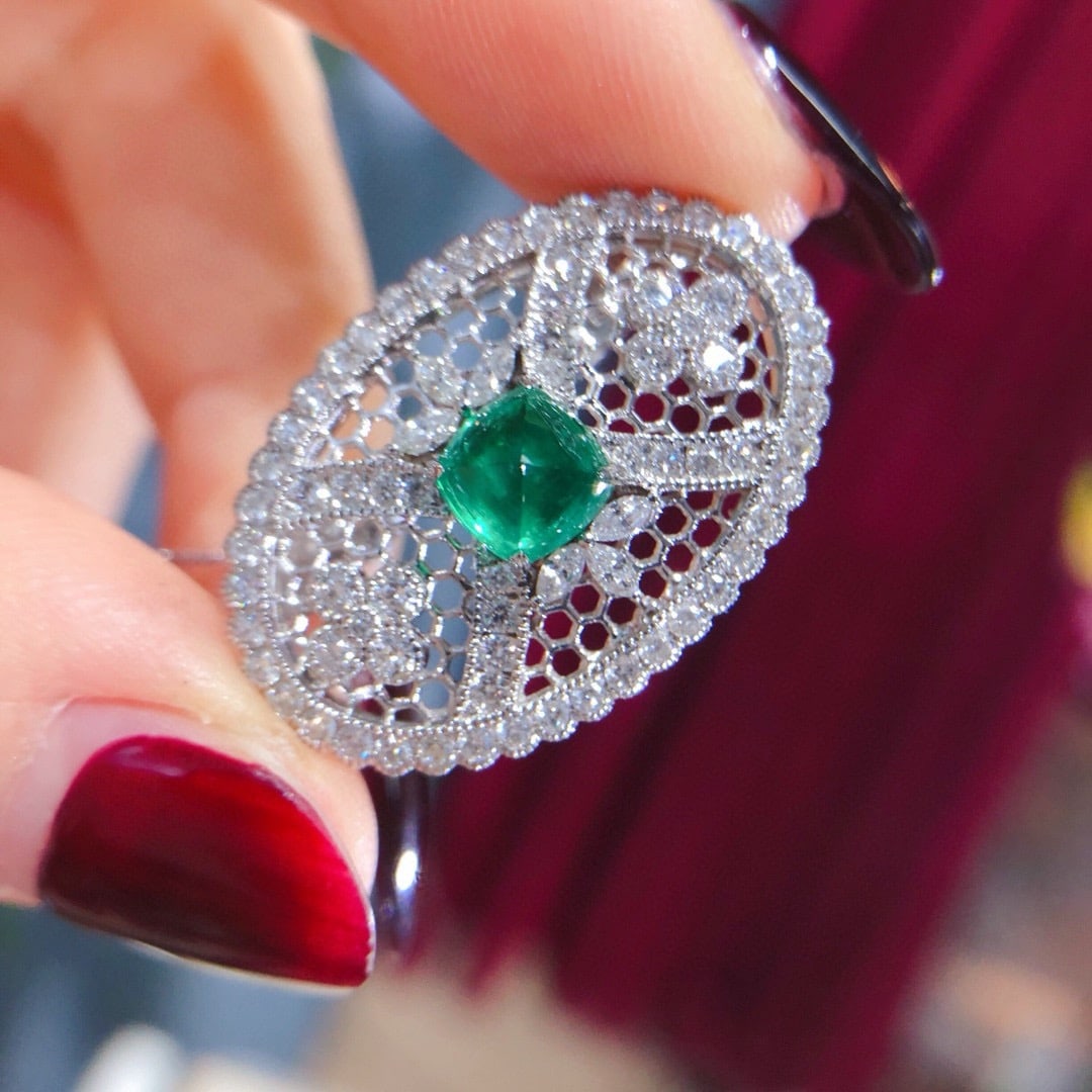 14k Gold 2.22 Ctw Natural Emerald & Diamond Brooch/pendant( Without Chain ) - 7