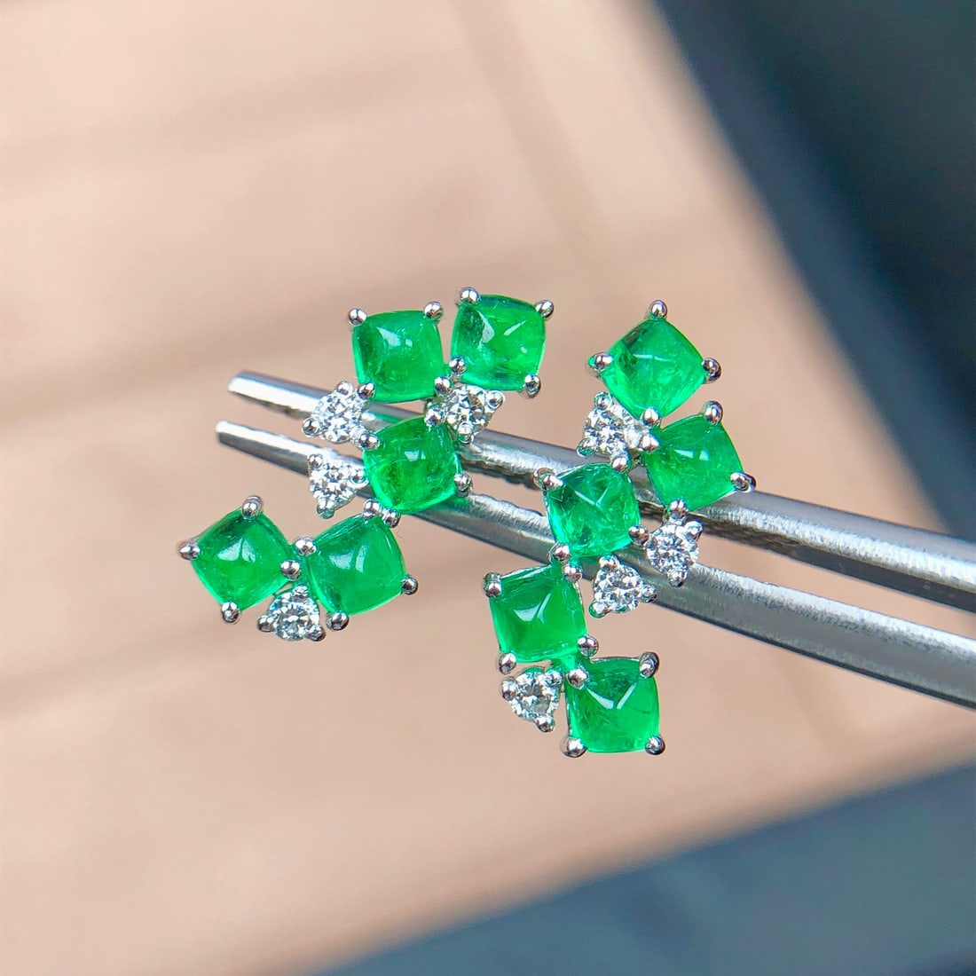 14k Gold 1.20 Ct Natural Emerald & Diamond Earrings - 2