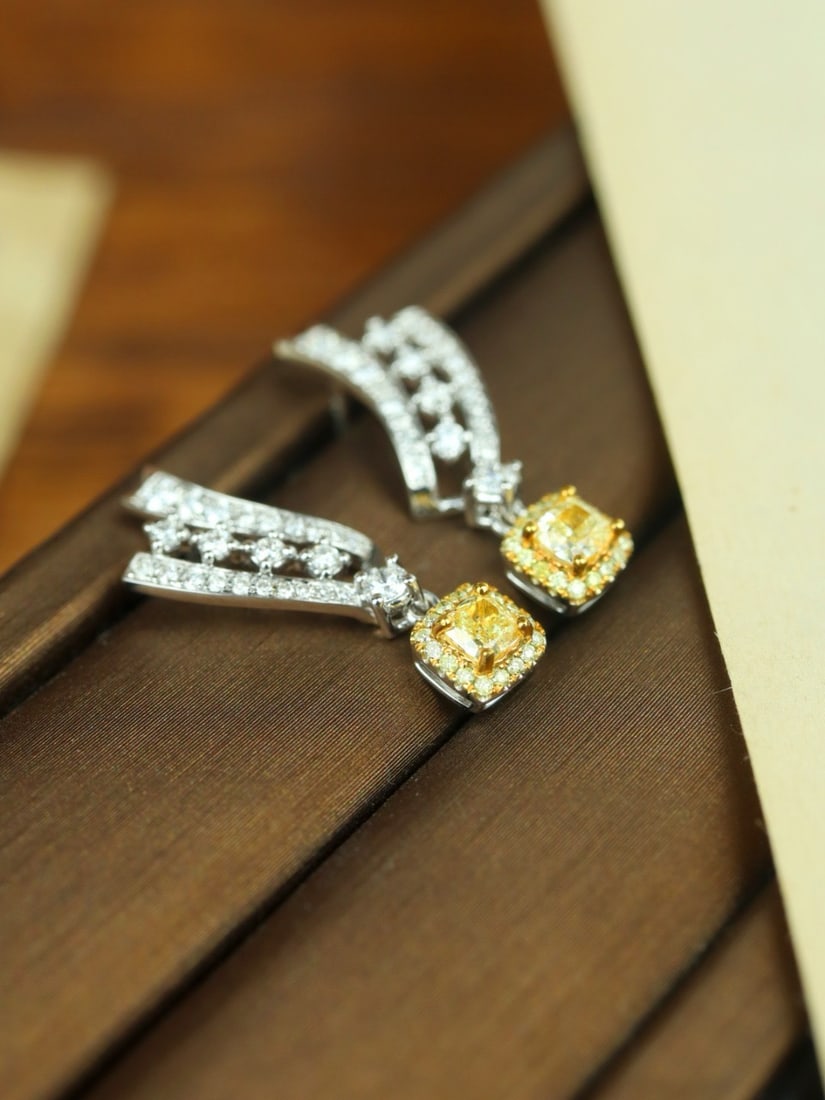 14k Gold 1.02 Ctw Natural Yellow Diamond & Diamond Earrings - 2