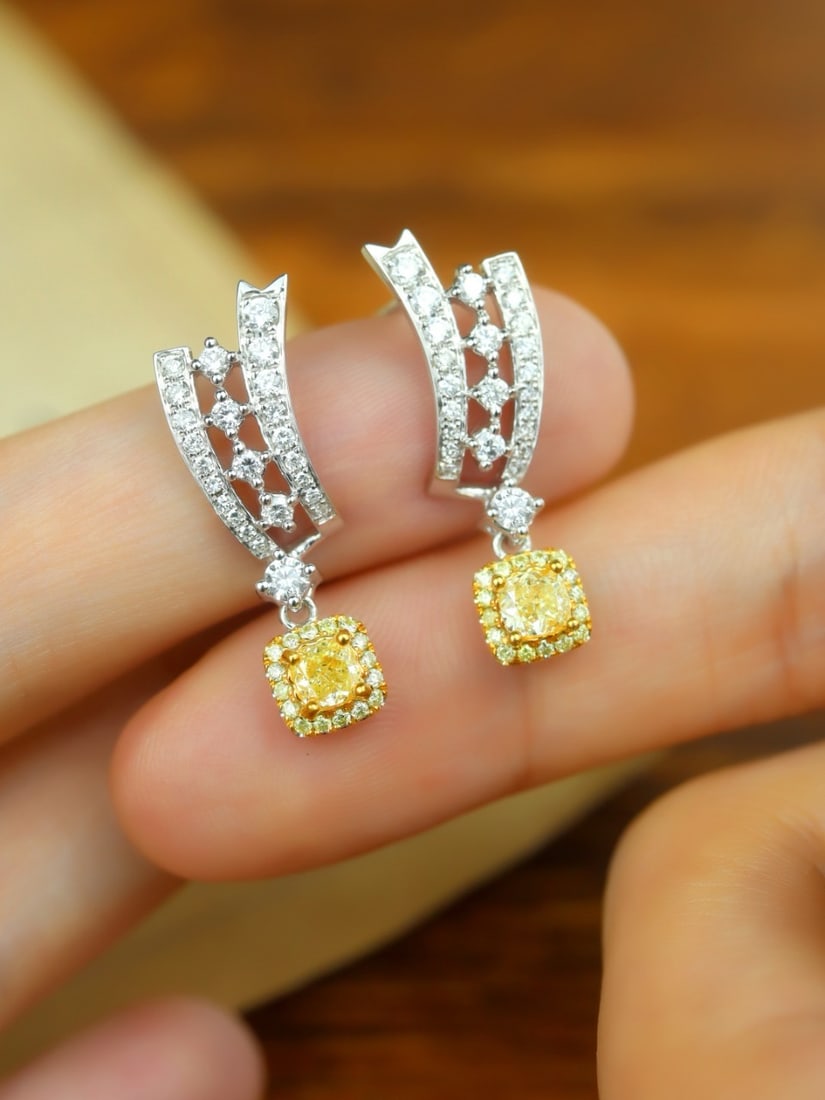 14k Gold 1.02 Ctw Natural Yellow Diamond & Diamond Earrings - 3