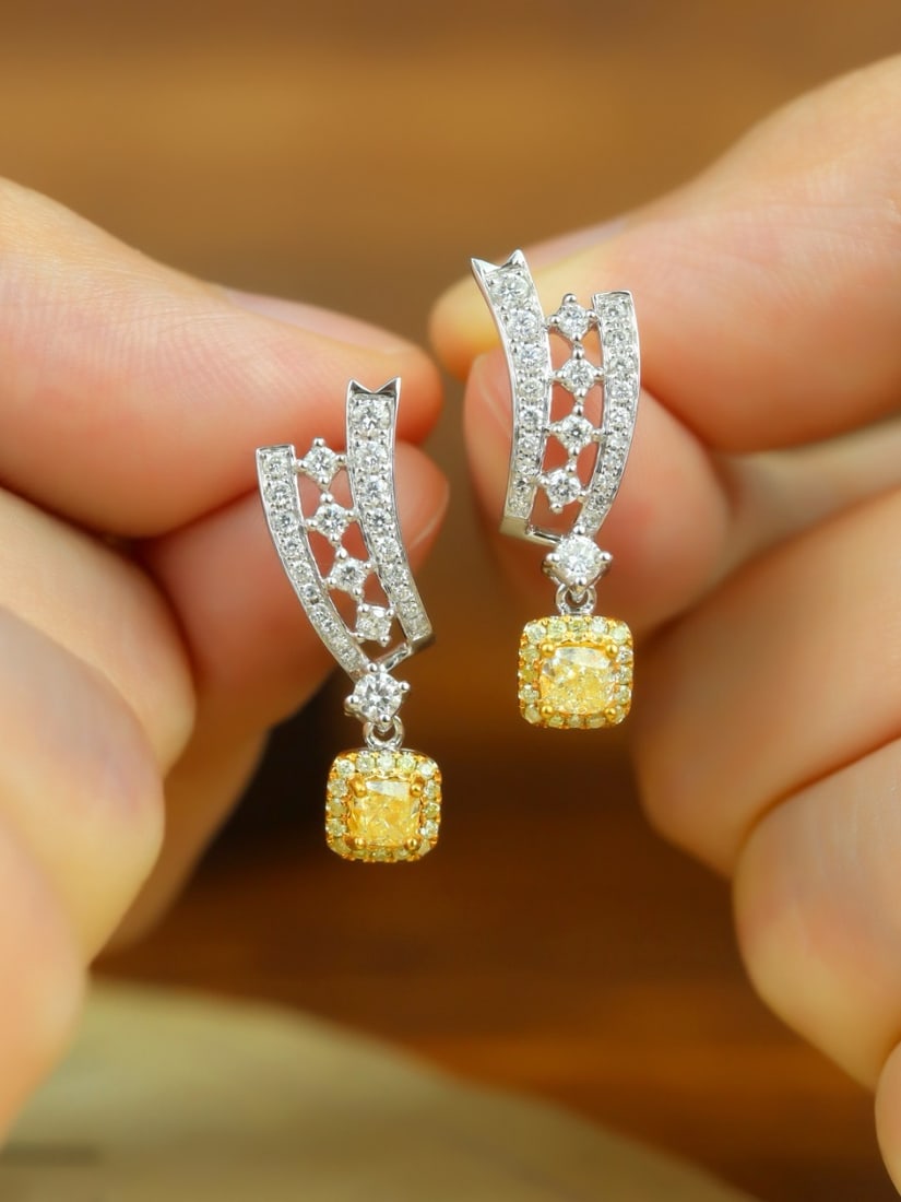 14k Gold 1.02 Ctw Natural Yellow Diamond & Diamond Earrings - 4