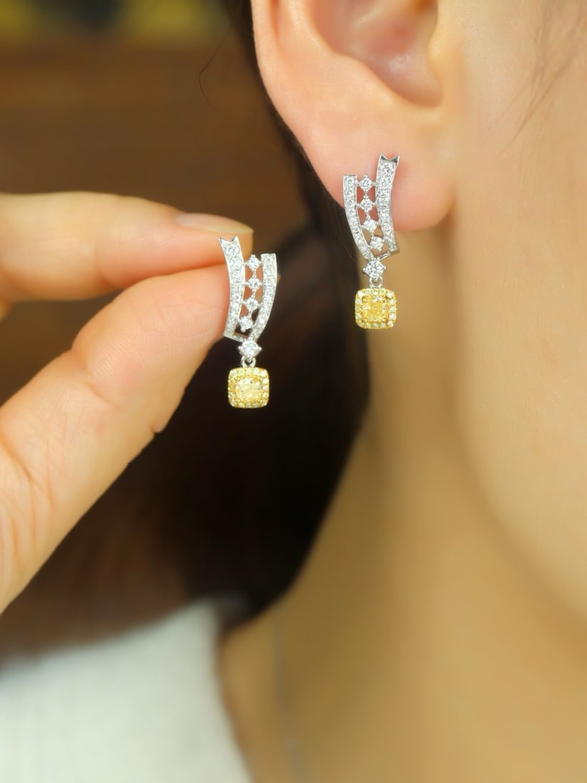 14k Gold 1.02 Ctw Natural Yellow Diamond & Diamond Earrings - 5