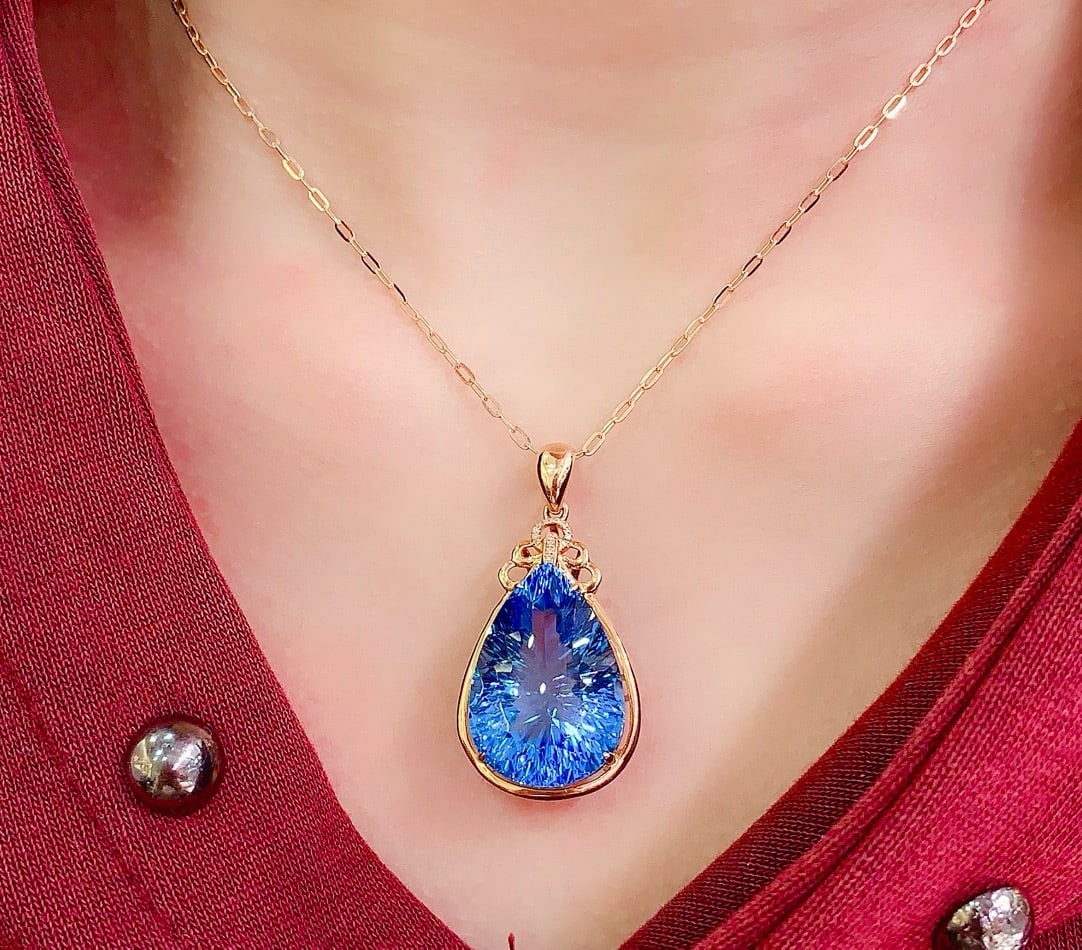 14k Gold 34 Ct Natural Topaz & Diamond Pendant( Without Chain ) - 6