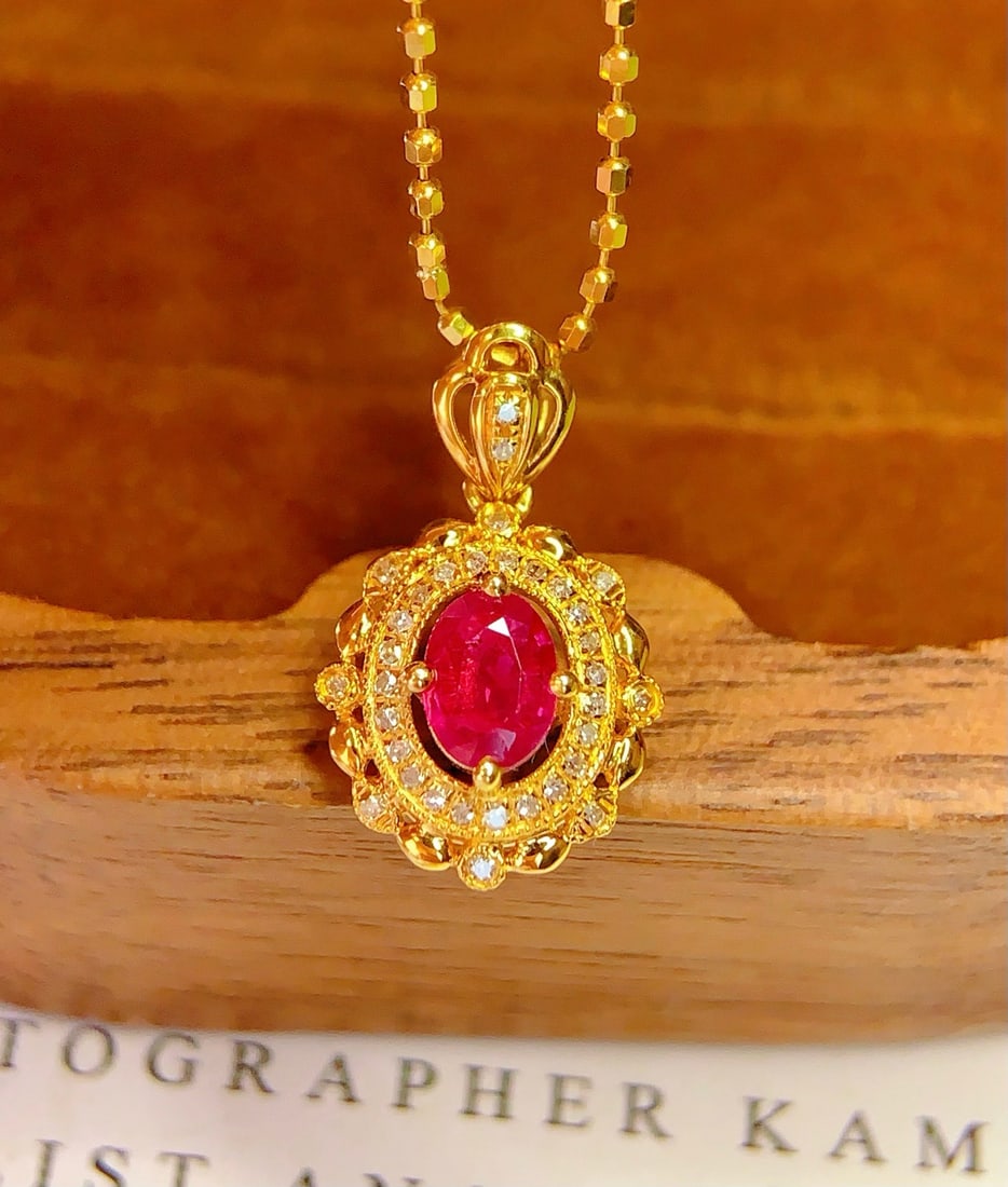 14k Gold 0.45 Ct Natural Ruby & Diamond Pendant( Without Chain ): Ref:231172436 // gold content:14k gold // main gemstone:ruby // shape:oval // carat weight:0. 45ct // color:red // treatment:natural // // adjacent gemstone 2 : diamond // number of stones:32 //
