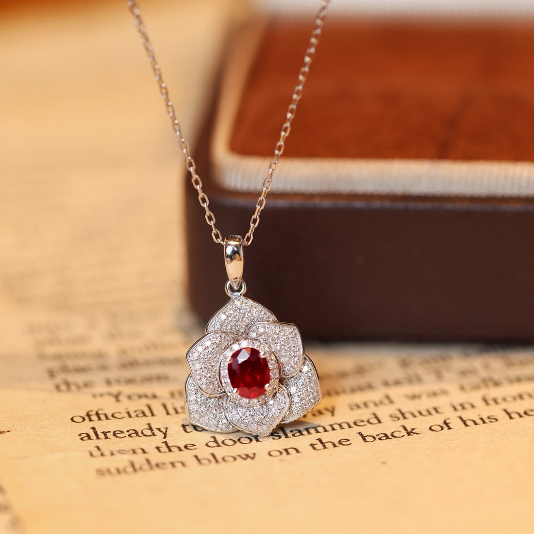 14k Gold 0.83 Ctw Vivid Red Natural Ruby & Diamond & Flowers Pendant( Without Chain ): Ref:231172450 // gold content:14k gold // main gemstone:ruby // shape:oval // carat weight:0. 5ct // color:vivid red // treatment:natural // // adjacent gemstone 2 : diamond // shape:round // carat we
