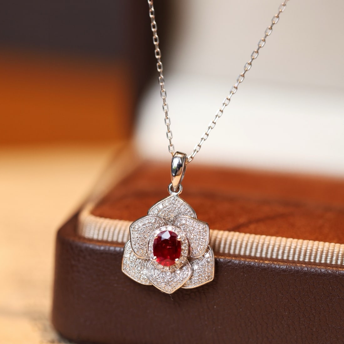 14k Gold 0.83 Ctw Vivid Red Natural Ruby & Diamond & Flowers Pendant( Without Chain ) - 2